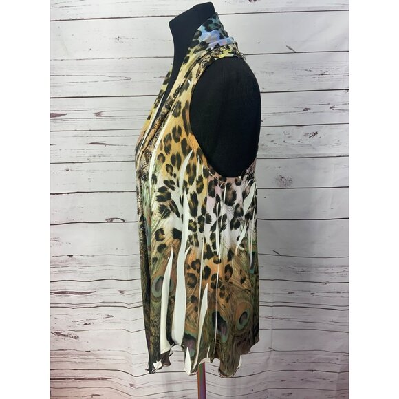 Reina Peacock & Animal Print Sleeveless Cardigan‎ Open Knit Detail Size Large - Picture 4 of 13
